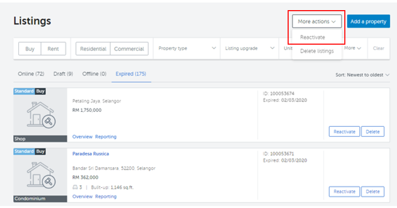How to change the listing status from expired to online?